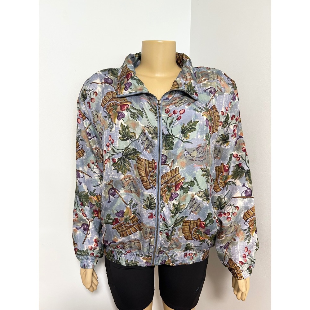 EVR Vintage 100% Silk Garden Fruit Print Bomber Jacket Blue Multi Large L